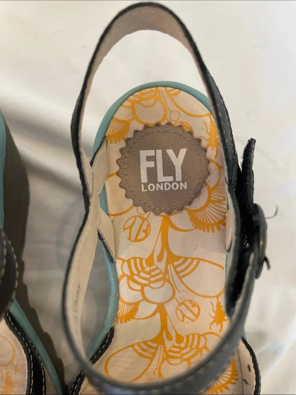 Fly London Black Strappy Wedge Sandals with Beige Upper and Mint Trim